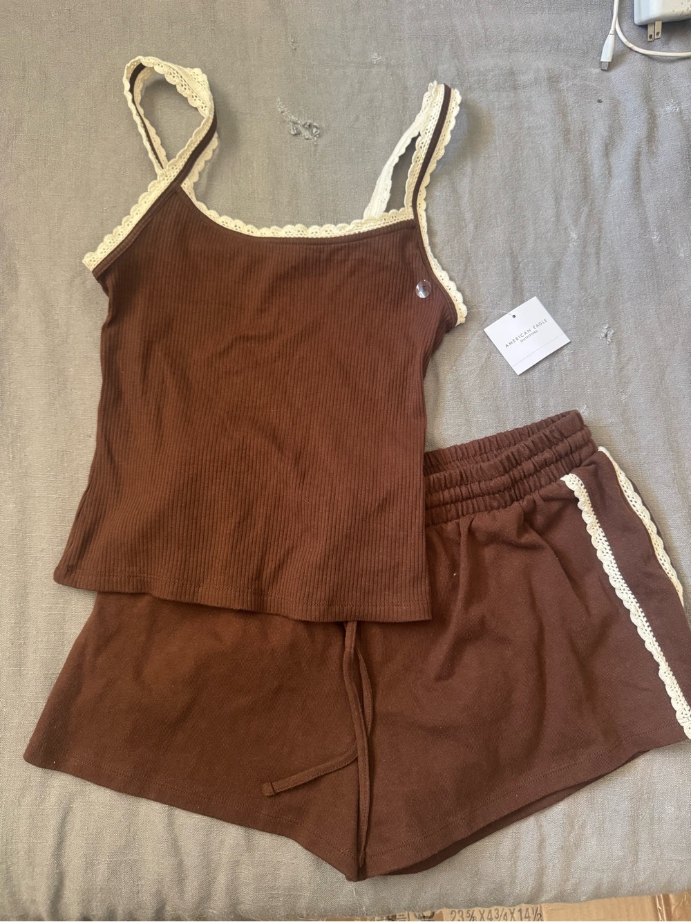 American Eagle Outfitters Brown Ribbed Lace-Trim Cami & Shorts Set
